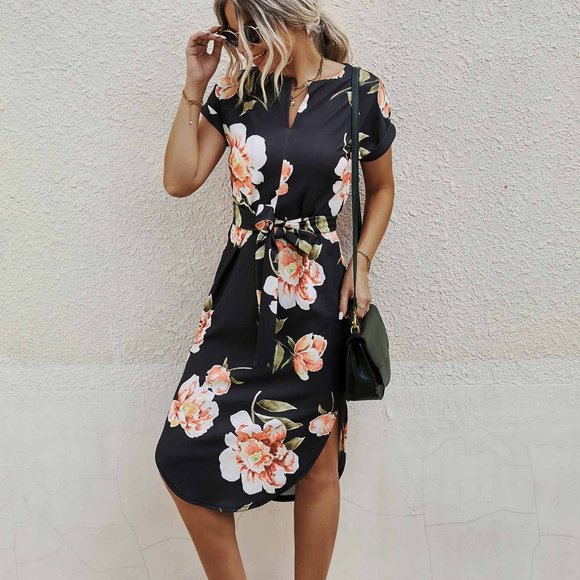 New Notched Neck Floral Print Belted Dress Black - Picture 4 of 4